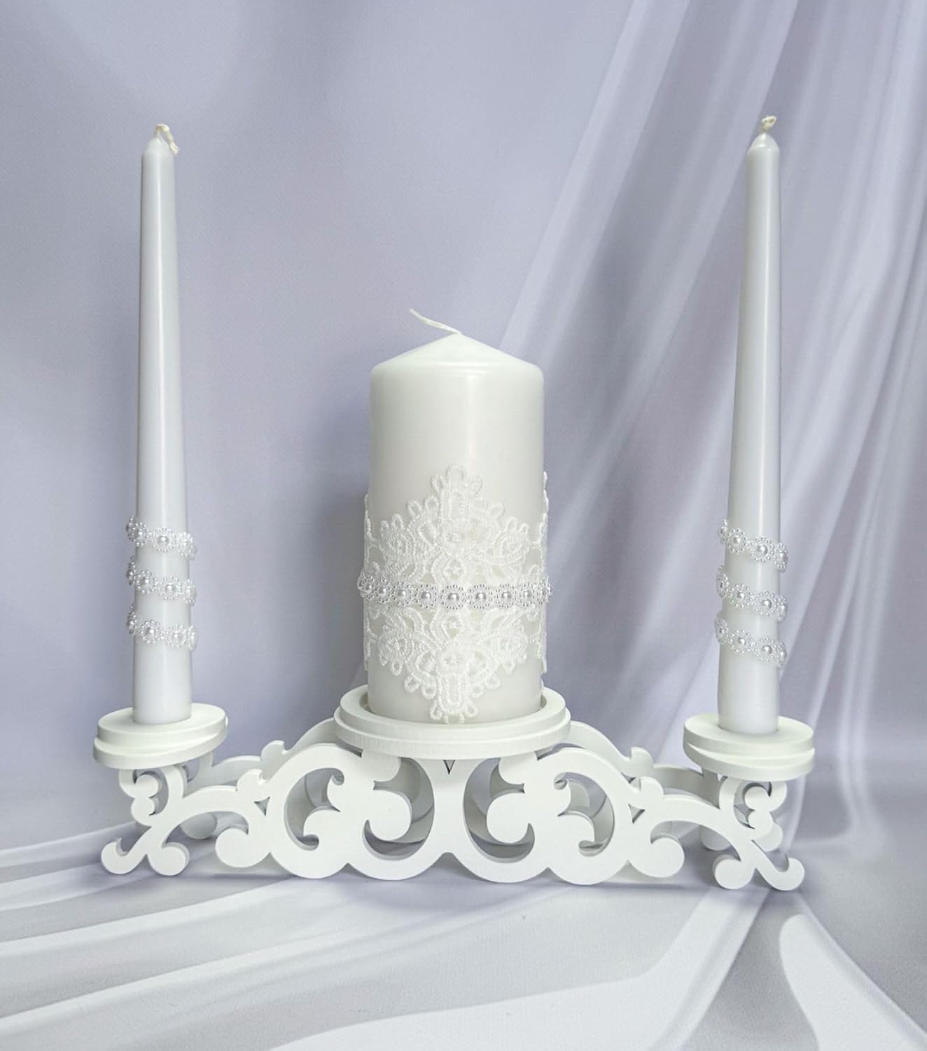 Unity Candle Set - Wedding Ceremony & Reception – 6” Pillar & Two 10” Taper Candles – Long Burning Unity Candles for Marriage Ritual – Handmade in USA – White | Lace