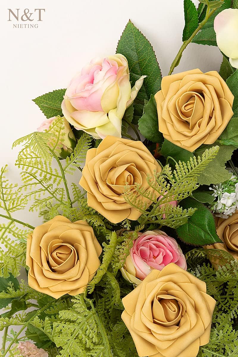 N&T NIETING Artificial Flowers 50pcs Real Looking Gold Yellow Foam Fake Roses with Stems for DIY Wedding Bouquets White Bridal Shower Centerpieces Arrangements Party Tables Decorations