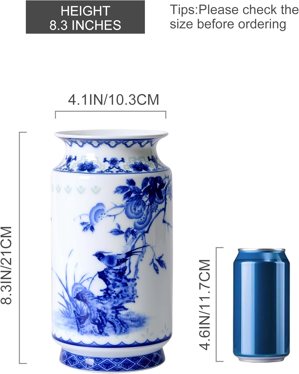 Blue and White Vintage Vase Chinoiserie Farmhouse Decorative Vases Flower Terracotta pots for Tableshelf Bookshelf Bathroom Living Room Kitchen 8.3inch