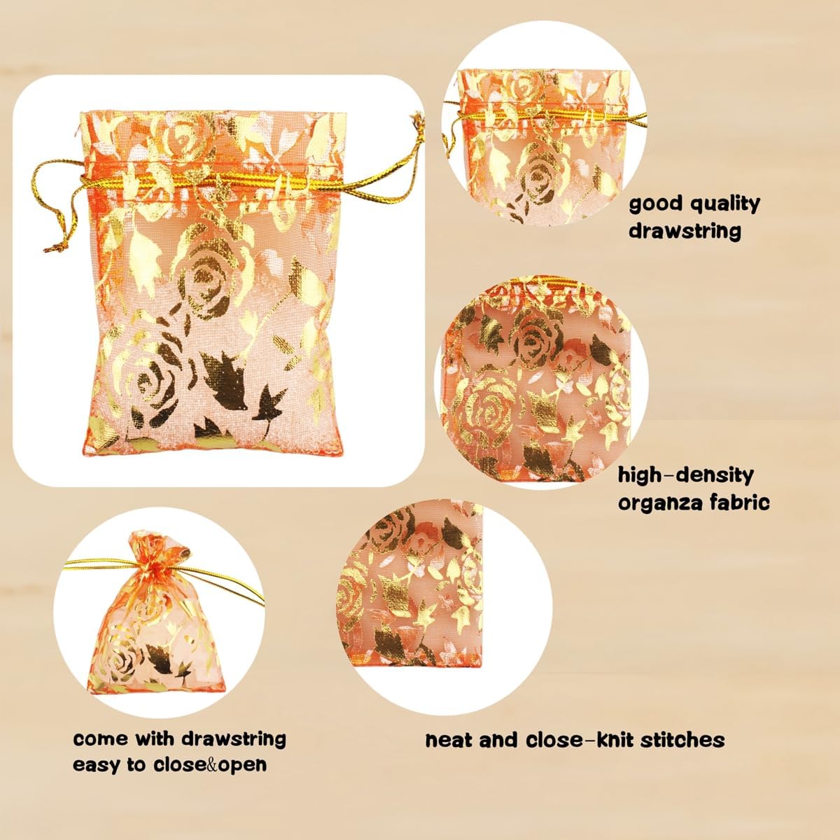 QIANHAILIZZ 100 Pack 2.8 x 3.5 Inch Flower Heart Organza Jewelry Gift Pouch Candy Pouch Drawstring Wedding Favor Bags B511S (orange gold flower)