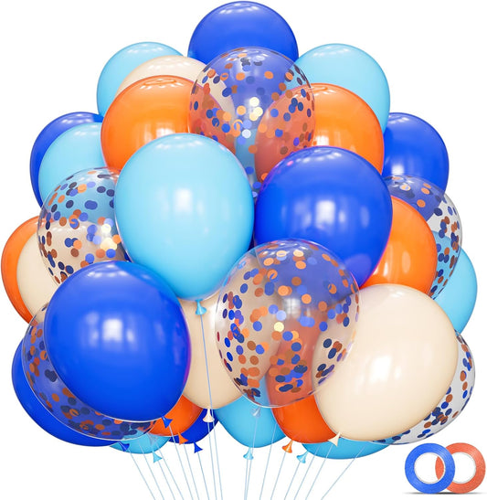 68Pcs Blue and Orange Balloons 12 Inch Nude Color Deep Light Blue Balloon for Birthday Party Decorations Confetti Blue and Orange Graduation Decorations.