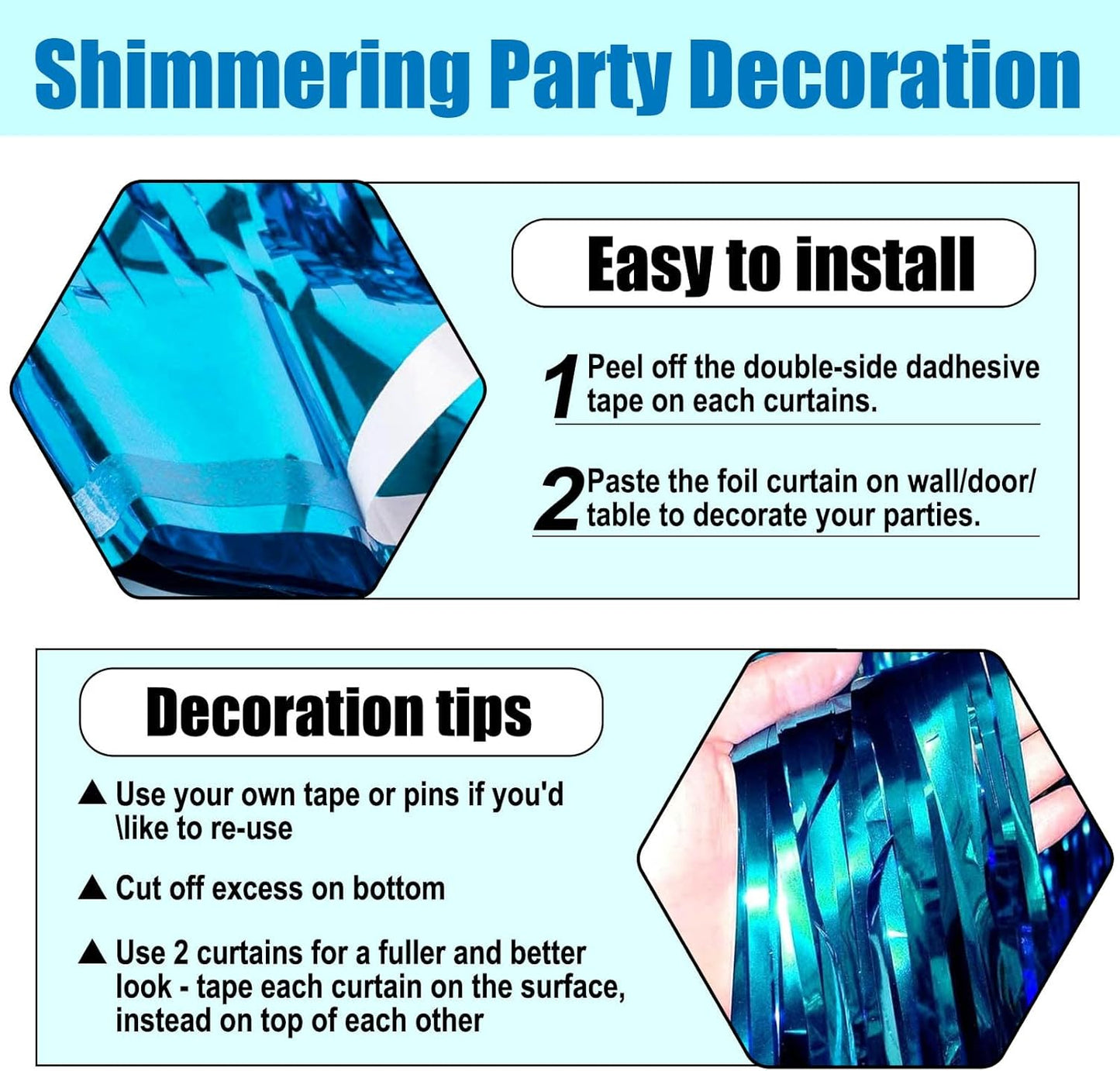 3 Pack Lake Blue Foil Fringe Curtain Backdrop, 3.28Ft x 8.2Ft Metallic Tinsel Foil Fringe Streamer Curtains for Photo Booth, Christmas Day, Thanksgiving, Wedding, New Year Party Decorations