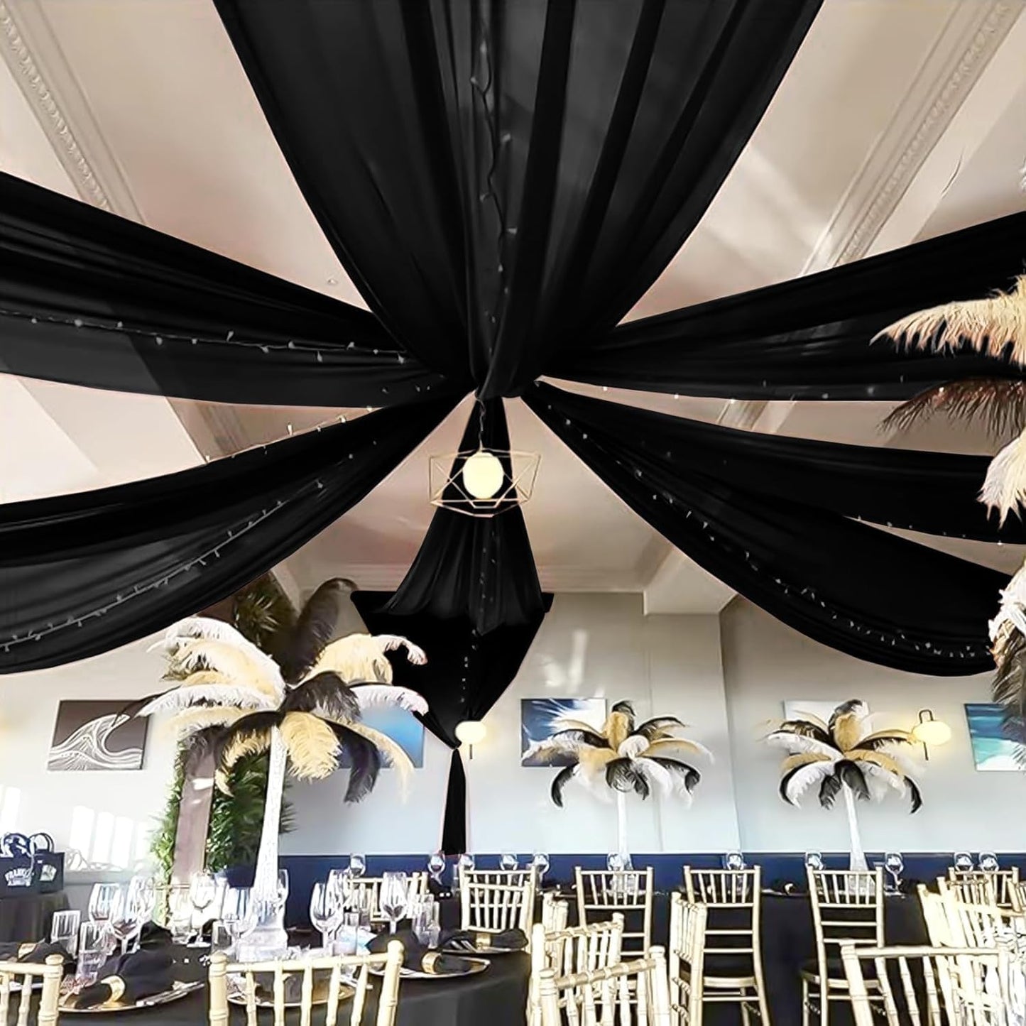 6 Panels Black Ceiling Drapes for Wedding 5ftx10ft Chiffon Fabric Arch Draping Curtains Sheer Drapery for Party Ceremony Birthday Baby Shower Reception Stage Swag Ceiling Decorations