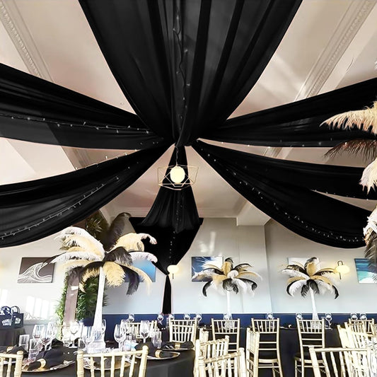 6 Panels Black Ceiling Drapes for Wedding 5ftx10ft Chiffon Fabric Arch Draping Curtains Sheer Drapery for Party Ceremony Birthday Baby Shower Reception Stage Swag Ceiling Decorations