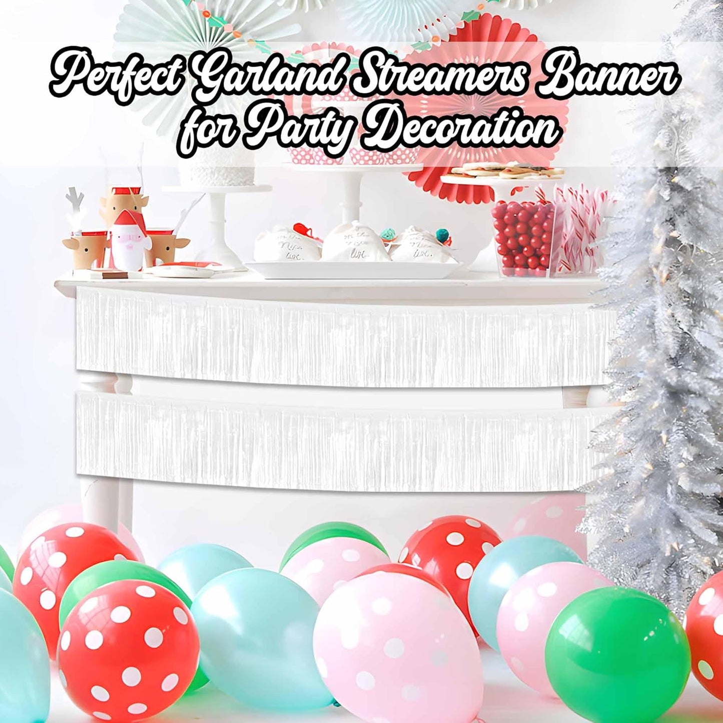 4 Pack 10 Ft Macaron White Foil Fringe Garland Metallic Streamers Tinsel Banner Wall Hanging Garland Backdrop for Parade Floats, Halloween, Christmas, Thanksgiving, New Year Party Decorations