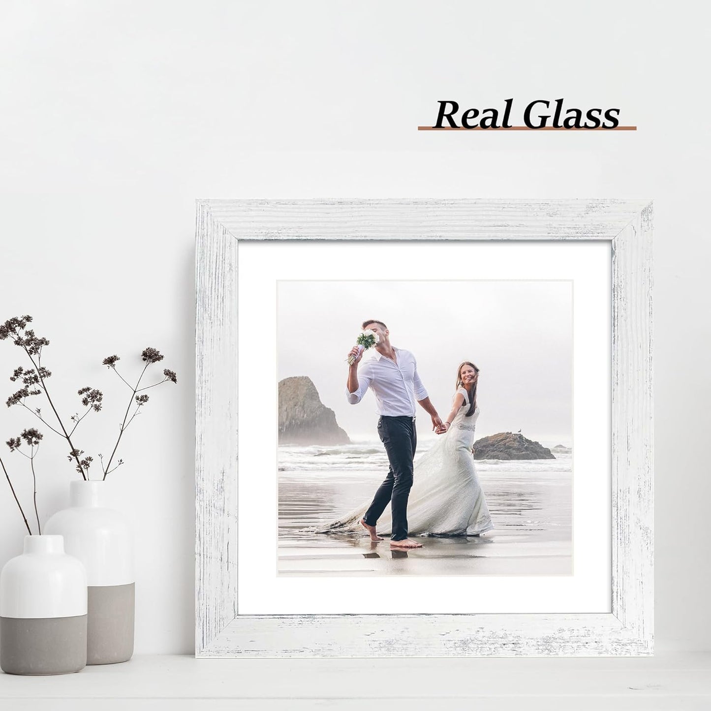 10x10 Picture Frame Set of 4 with Real Glass, Distressed White Frame Display 8x8 Pictures with Mat or 10 x 10 Without Mat, Wood Square Photo Frame for Wall Mount and Tabletop Display