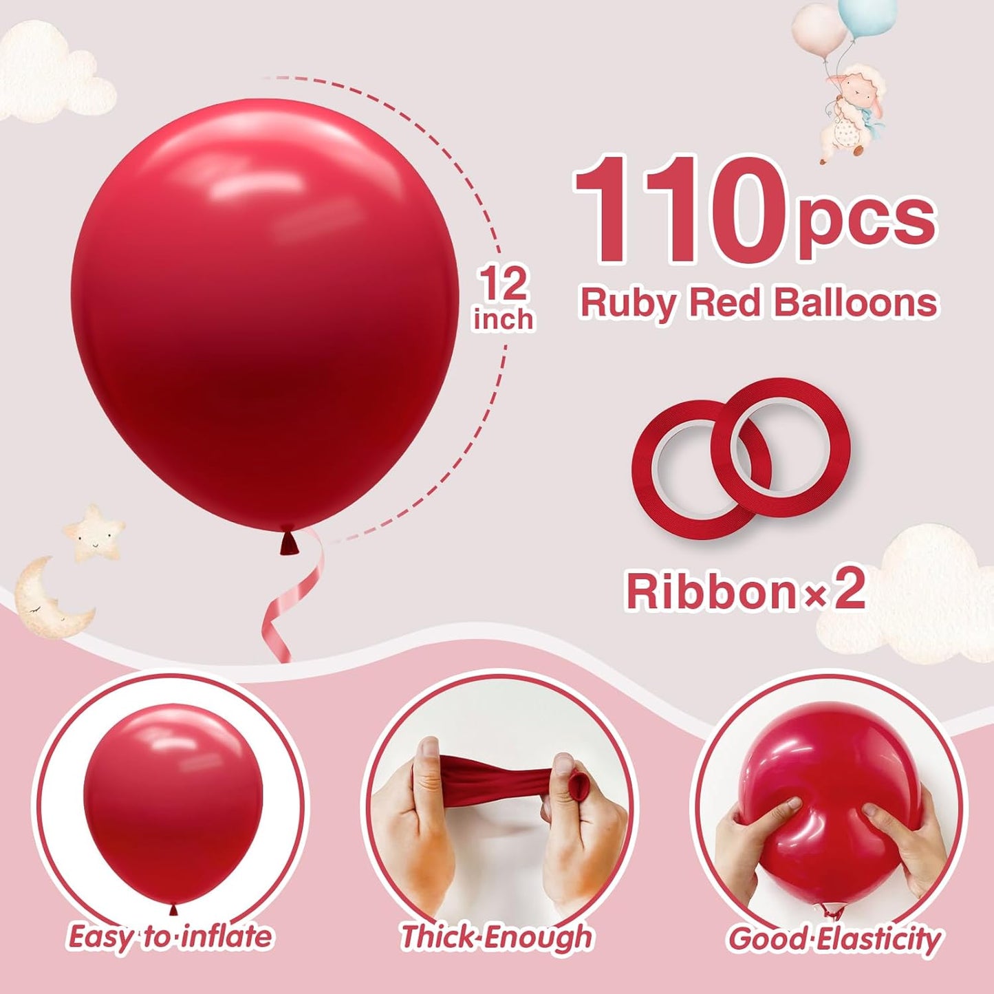 110pcs Ruby Red Balloons 12 Inch Dark Red Latex Balloon Arch Kit for Birthday Baby Shower Anniversary Graduation Wedding Party Decorations