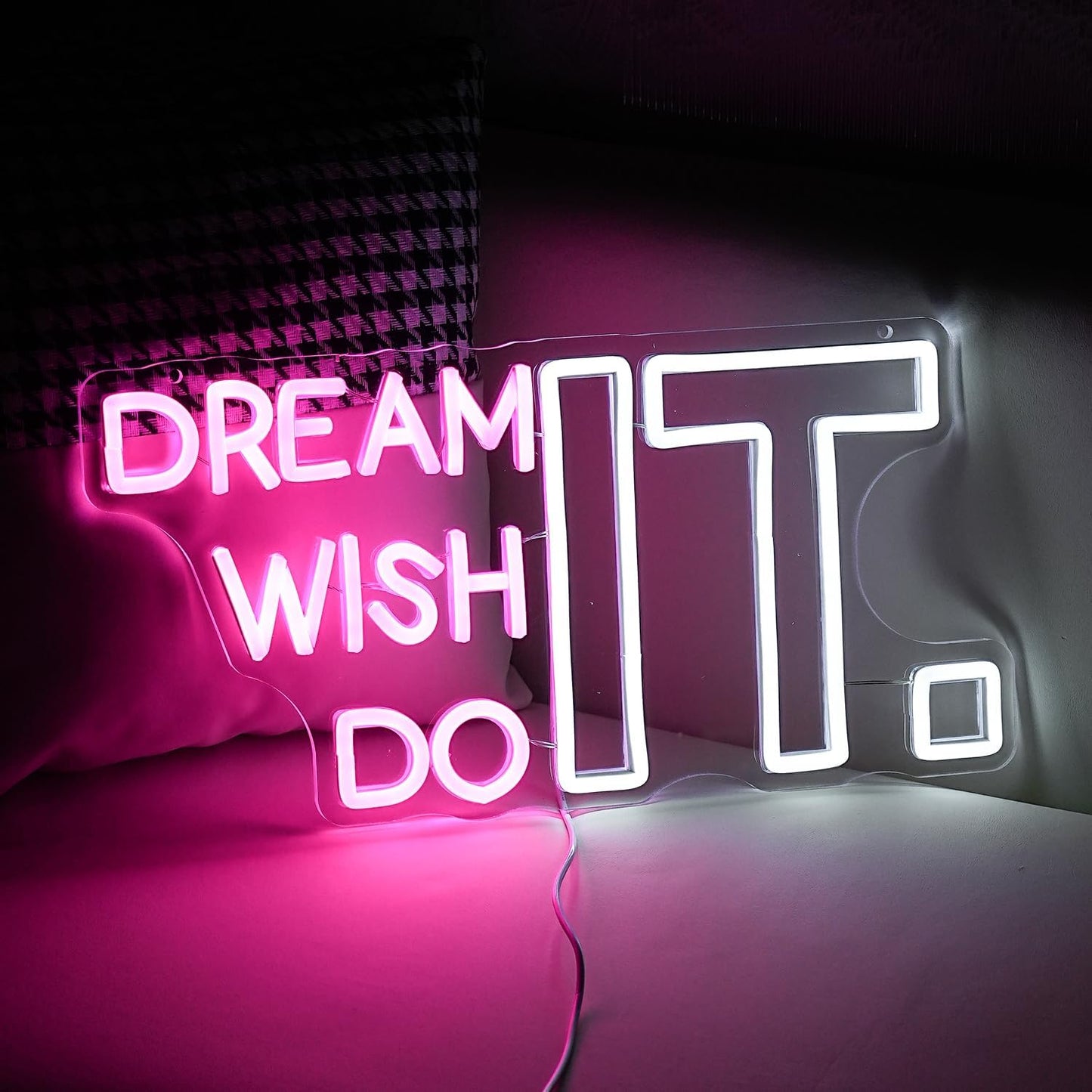 Dream It Wish It Do It Neon Sign Dimmable Letters Neon Light Signs for Wall Decor USB Power Pink White Neon Light for Bedroom Led Neon Sign for Studio Office Bar Gifts