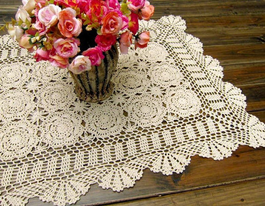 Cotton Handmade Crochet lace Table Runners Rectangular Tablecloth Doilies Doily Table Dresser Scarf Décor,19x35Inch,Beige