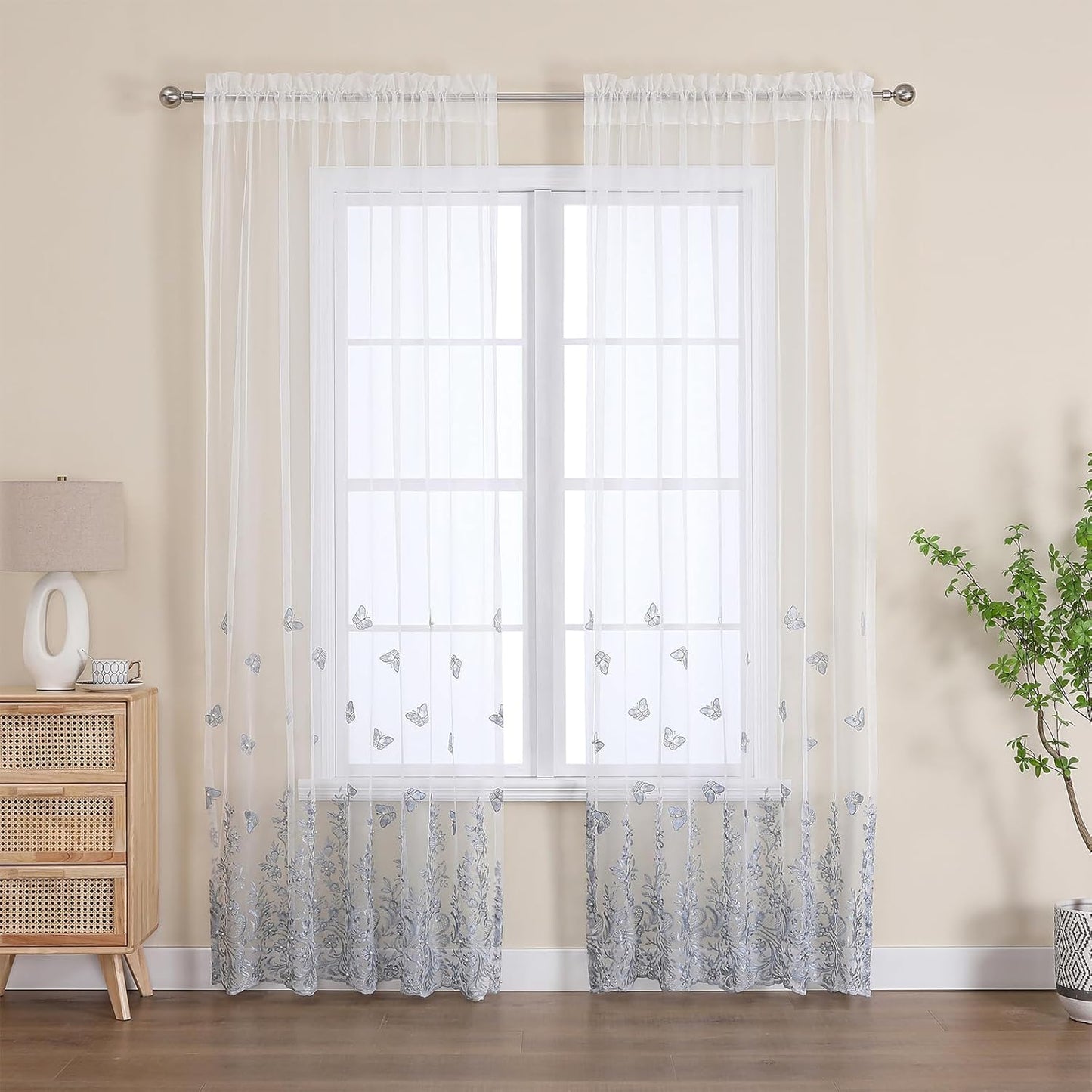 VISIONTEX White Sheer Voile Curtains, Decorative Blue Embossed Butterflies Rod Pocket Window Drapes for Home Kitchen, Living Room and Bedroom 54 x 95 Inch, Set of 2 Curtain Panels