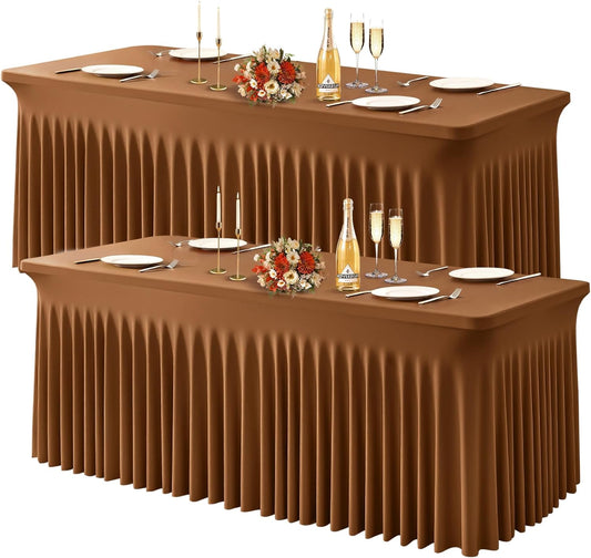 Wish Care 2 Pack Brown Spandex Table Clothes for 4 Foot Rectangle Tables, 4FT Wrinkle Free Fitted Tablecloths Ruffles Design Table Cover for Party, Banquet, Wedding and Events