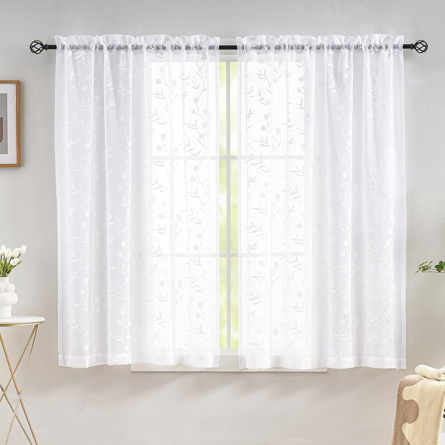 Sheer Curtains White 54 Inches Long Floral Embroidery Rod Pocket Voile Drapes for Living room, Bedroom, Window Treatments Semi Lace Outdoor Curtain Panels for Patio, Lawn, Garden, Set of 2, 52"x 54".