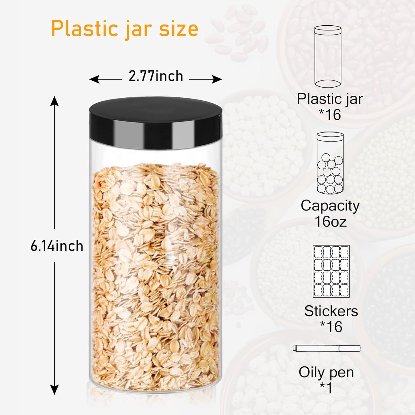 Plastic Jars with Lids 16OZ 16PCS Small Empty Slime Cosmetics Containers Clear Gift Food Jars Round PET Cream Jars with Black Lids Pen Labels for Kitchen Storage Spices Dry Food Butter