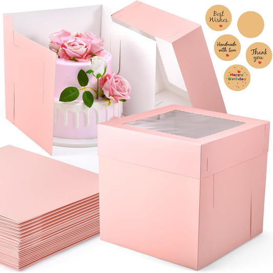 12Pcs Cake Boxes, 10x10x10 Inches Tall Cake Boxes with Window, Pink Disposable Tier Cake Containers for Pastries, Pie, Cookies, Chocolates, Cupcakes, Birthday Party, Wedding Bakery Boxes