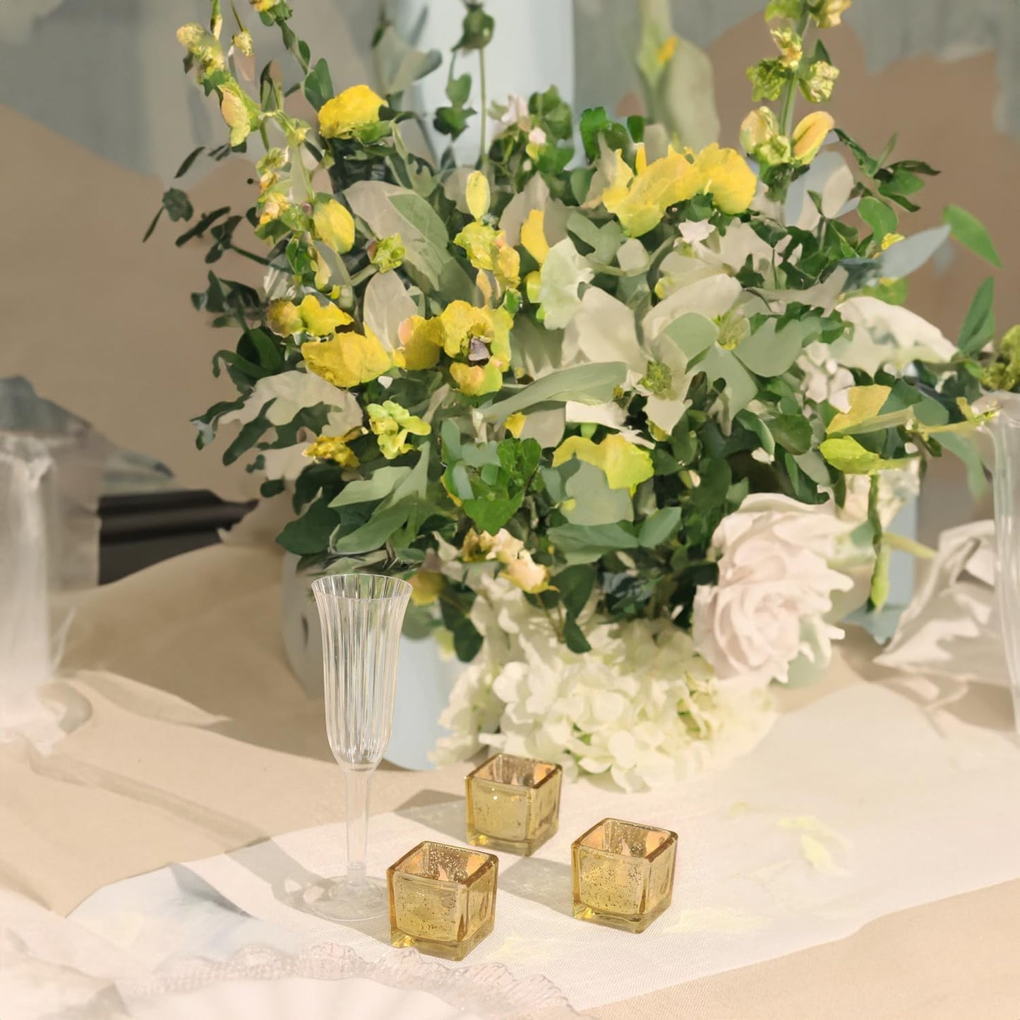 WGV 2 Inch Gold Speckle Square Cube Glass Votive Candle Holder Bulk, Small Tiny Mercury Tea Light 2x2”, 24 Pieces