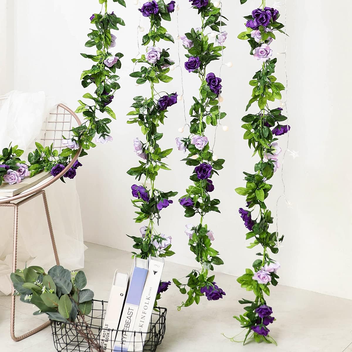 Veryhome 3PCS 23.7FT Artificial Purple Rose Flower Garland, Silk Hanging Floral Garland, Decorative Flower Vines for Room Decor Wedding Arch Flowers for Ceremony (Purple)