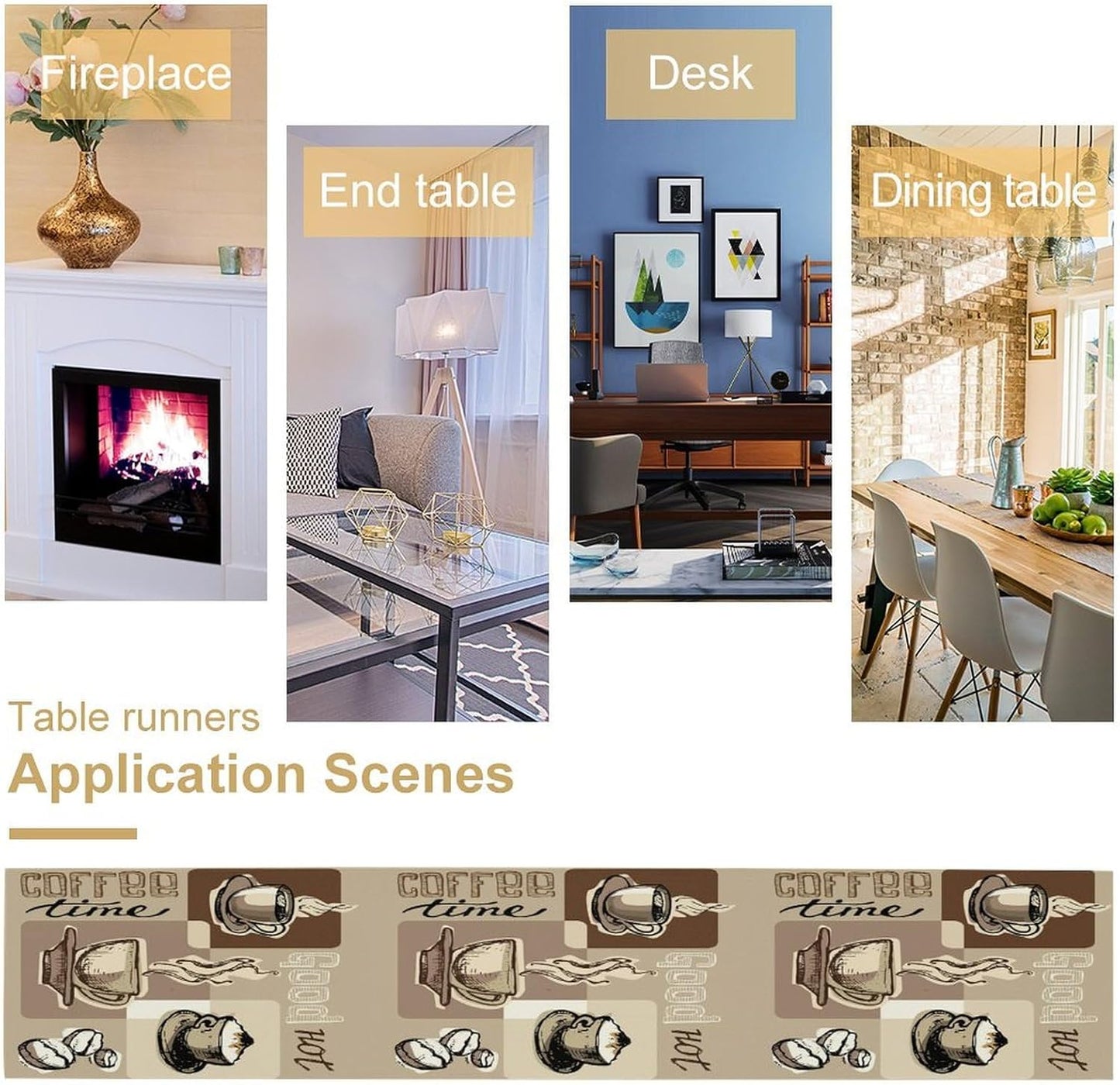 Coffee Table Runner,Vintage Style Coffee Cup Bean Abstract Theme Pattern Print Tablecloth Burlap for Hotel Indoors Outdoor Dining Room Kitchen Table Decor, 13x36in