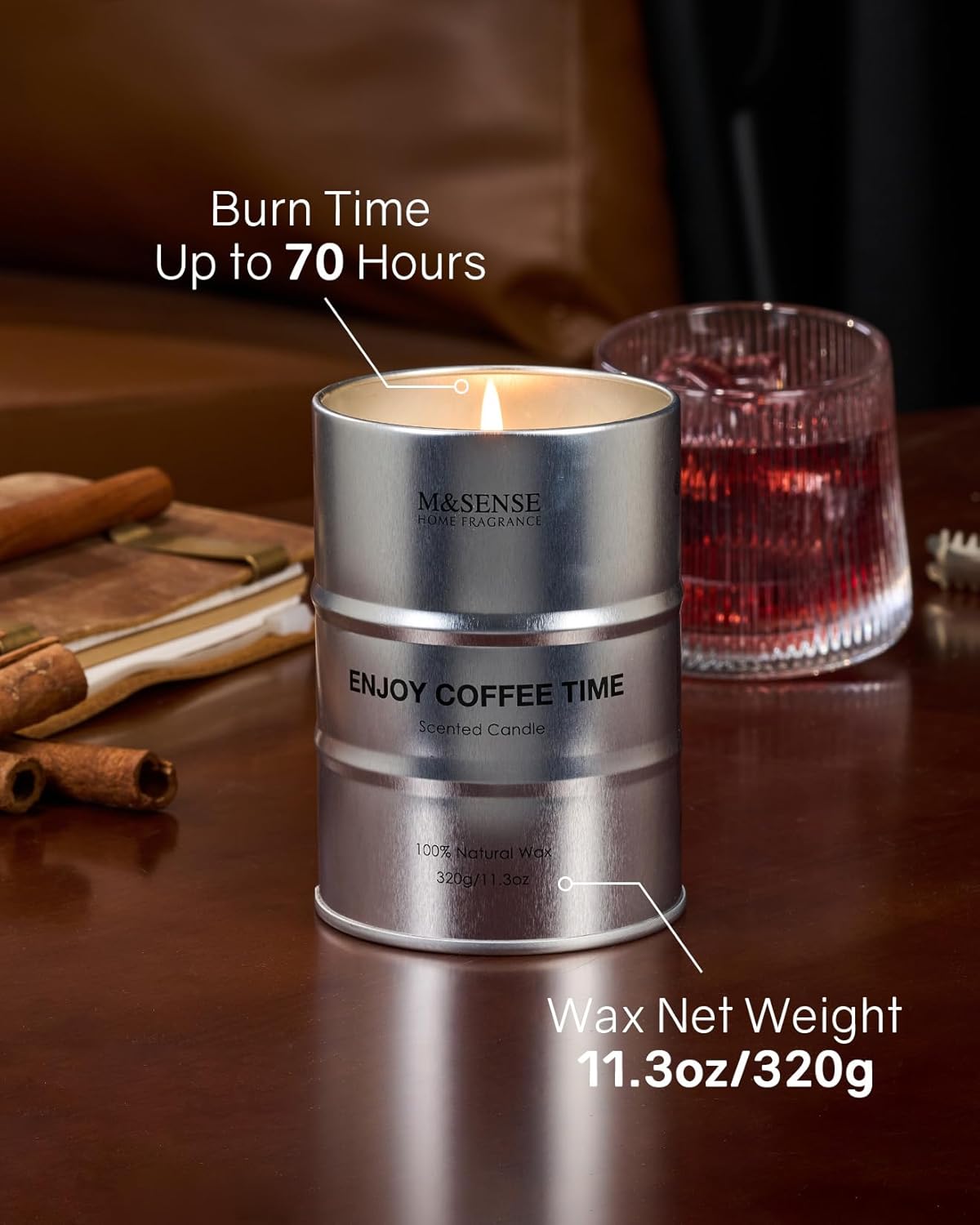 M&SENSE Scented Candle, Coffee Medium Jar Candle Gifts for Men, 70 Hours Slow Burning Natural Soy Candles 11.3oz, Stress Relief Aromatherapy Candles Home Decor, Valentines Day Gifts for Him