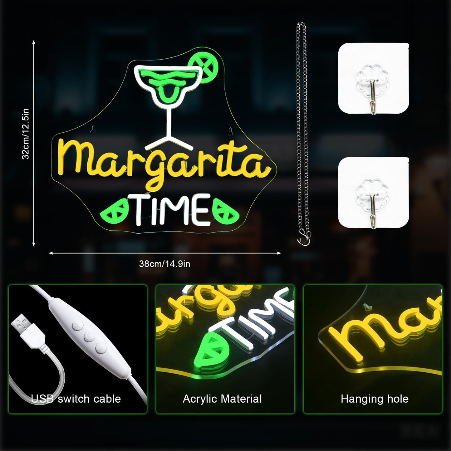 Lucunstar Margarita Time Neon Sign for Wall Decor, Margarita Led Signs, USB Dimmable Neon Lights for Beer Bar Kitchen Restaurant Home Pub Party Man Cave Club Shops Hotel Store Business Gift