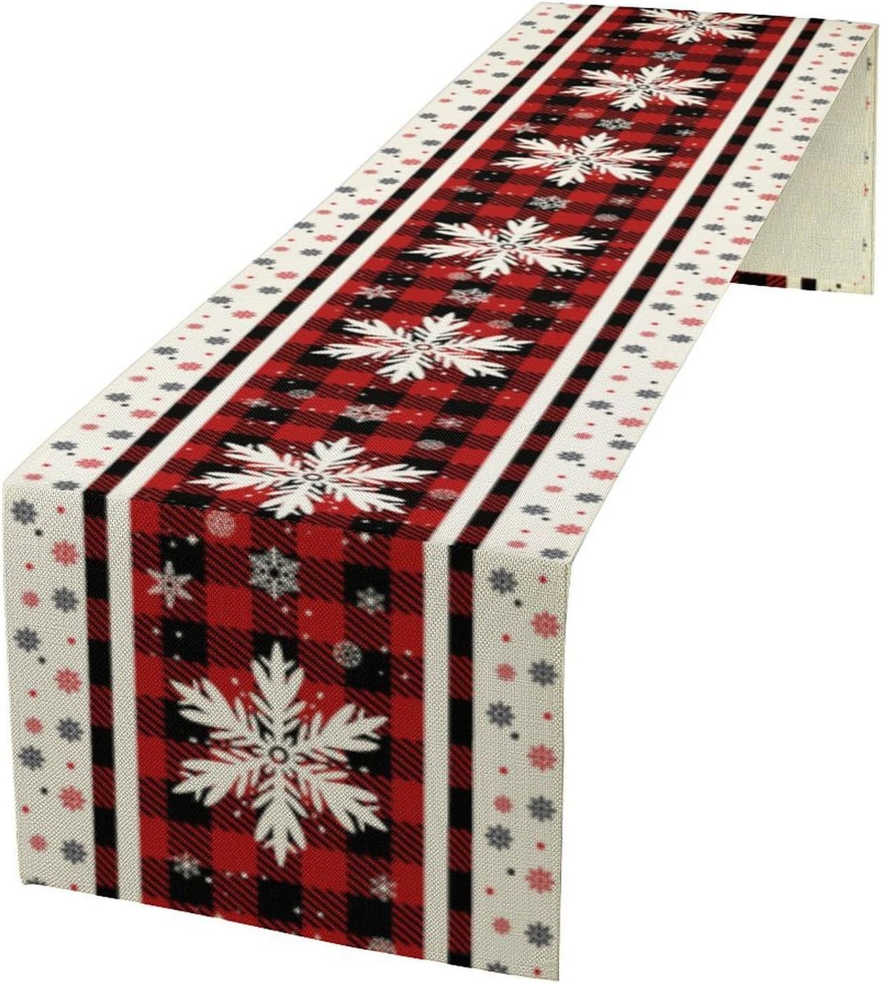 Snowflakes Christmas Table Runner,Red Buffalo Plaid Seasonal Winter Kitchen Dining Table Decoration for Home Party Decor 13x120 Inch