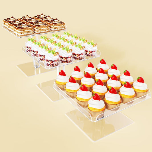 3 Piece Cupcake Stand, Acrylic Dessert Table Display Set, Clear Square Serving Trays for Birthday, Wedding, Baby Shower