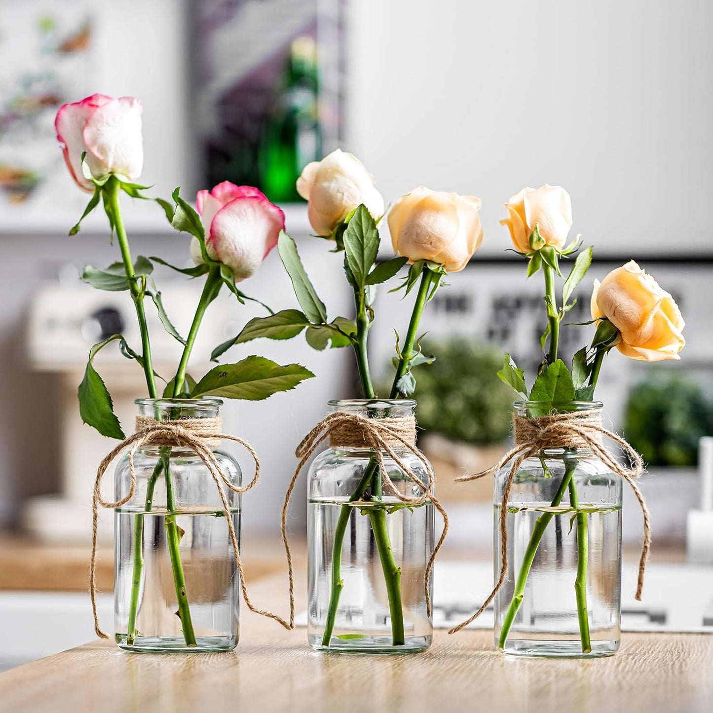 Vintage Glass Vases, Mason Jars for Centerpieces, Farmhouse Mason Jar Vase with Rope Design, Centerpiece Vases for Table, Wedding & Home Decor (4)
