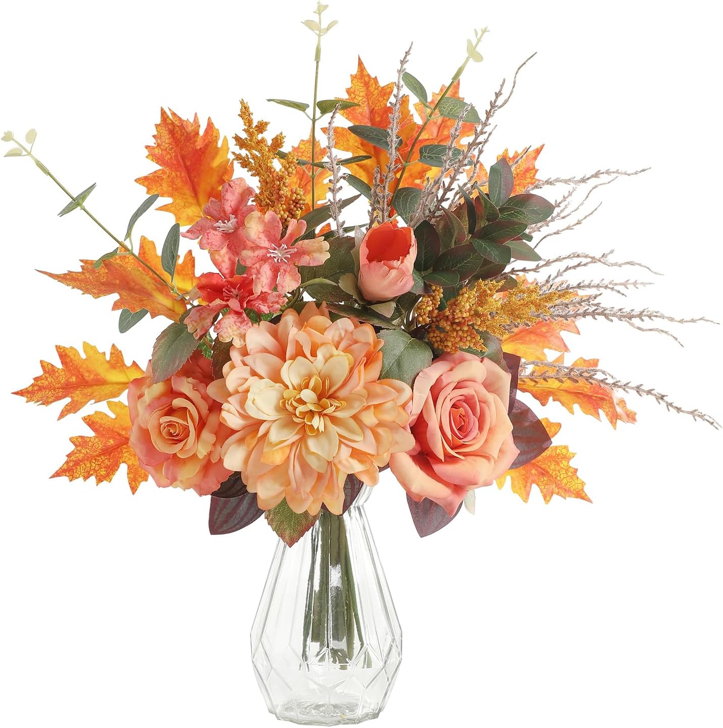 Artificial Flowers with Vase,Orange Silk Roses and Fake Plant Eucalyptus in Vase,Faux Flower Arrangement with Vase Suitable for Home Office Decoration, Living Room and Dining Table Centerpiece