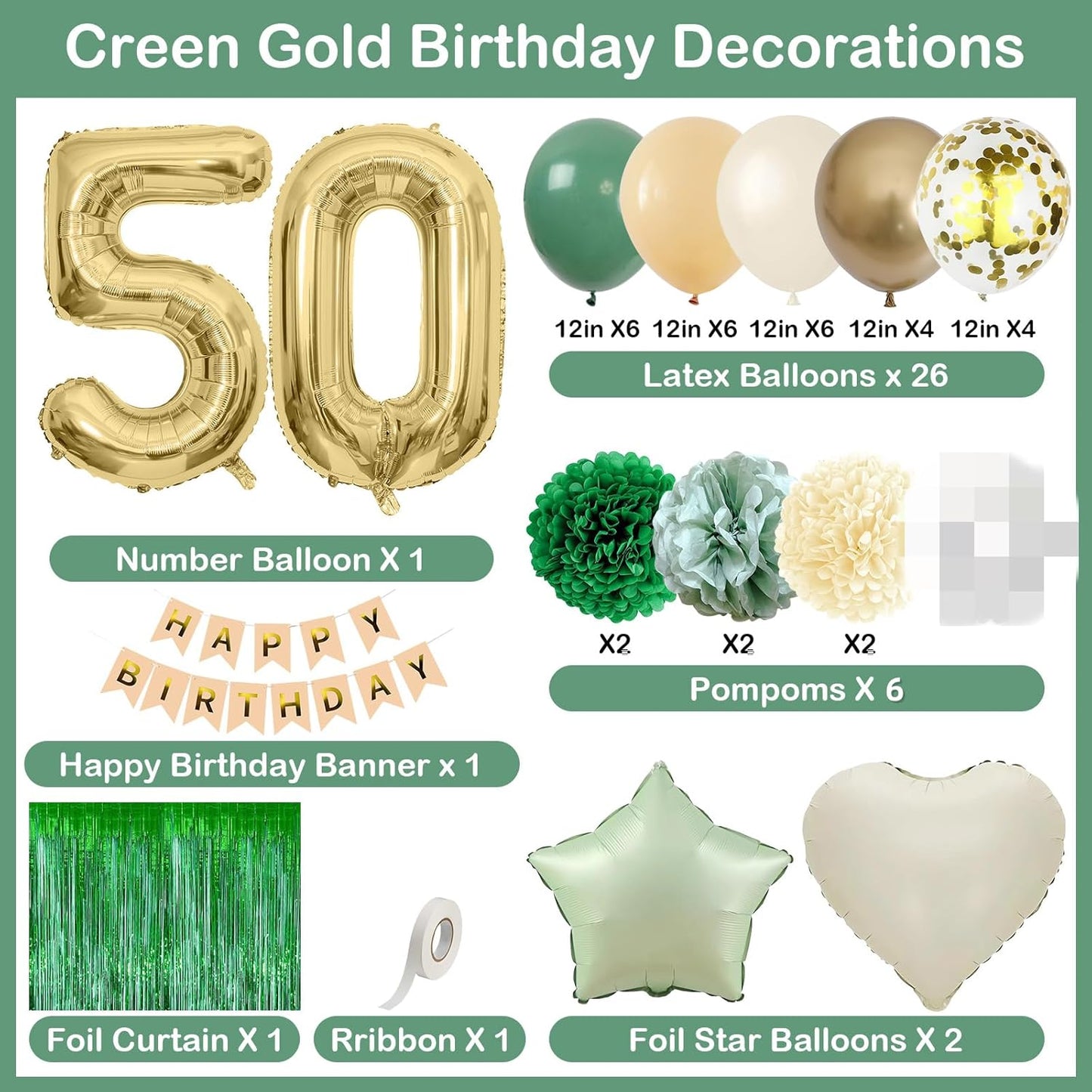 Sage Green 50th Birthday Decorations for Men Gold Number 50 Balloon Nude Gold Happy Birthday Banner Fringe Curtain Paper Pom Poms Olive Green Cream White Sand Star Foil Balloons Party Decor