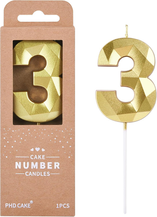 PHD CAKE 2.76 Inch Crystal Gold 3 Number Birthday Candles, Gold Number Candles, Cake Number Candles, Party Celebration