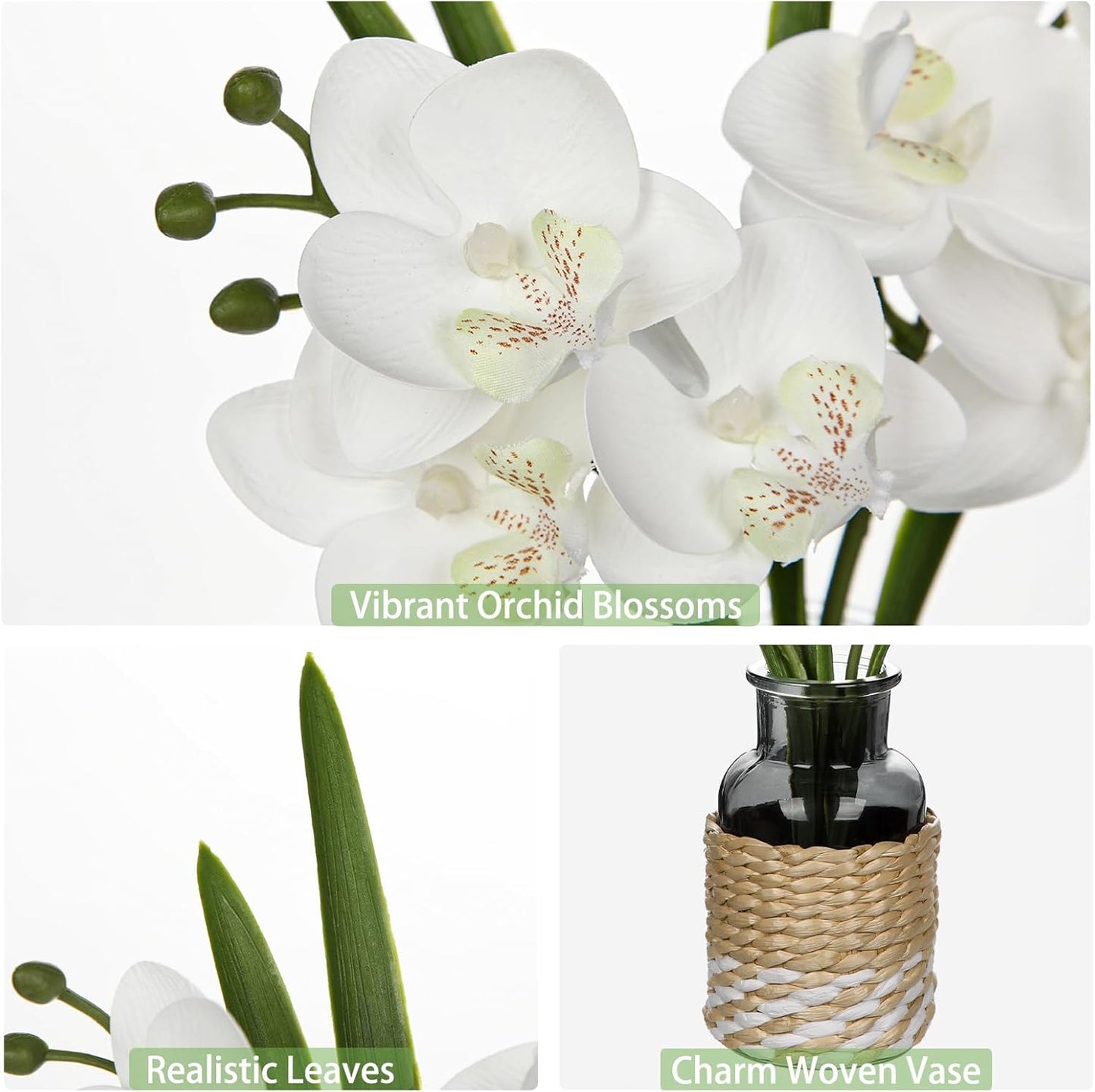 White Orchids Artificial Flowers with Vase, Small Faux Orchid Arrangement Fake Flower in Woven Glass Vase Black and White Decor Small White Centerpieces for Kitchen Dining Room Tables Bathroom Decor