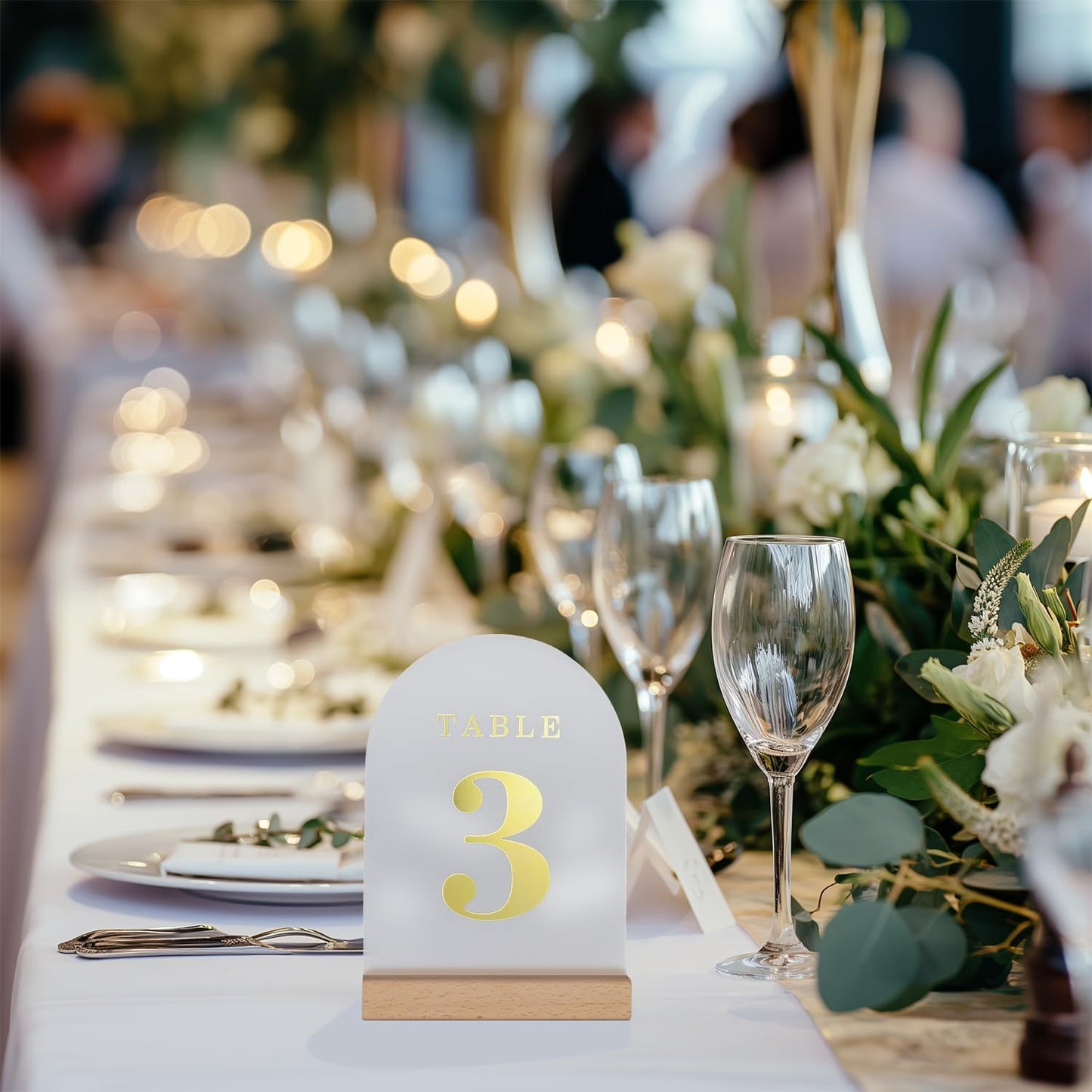 Wedding Table Numbers 1-10, Acrylic Arch Signs with Natural Wood Stands Holders, Rustic Table Decor for Reception & Parties (Frosted Gold)