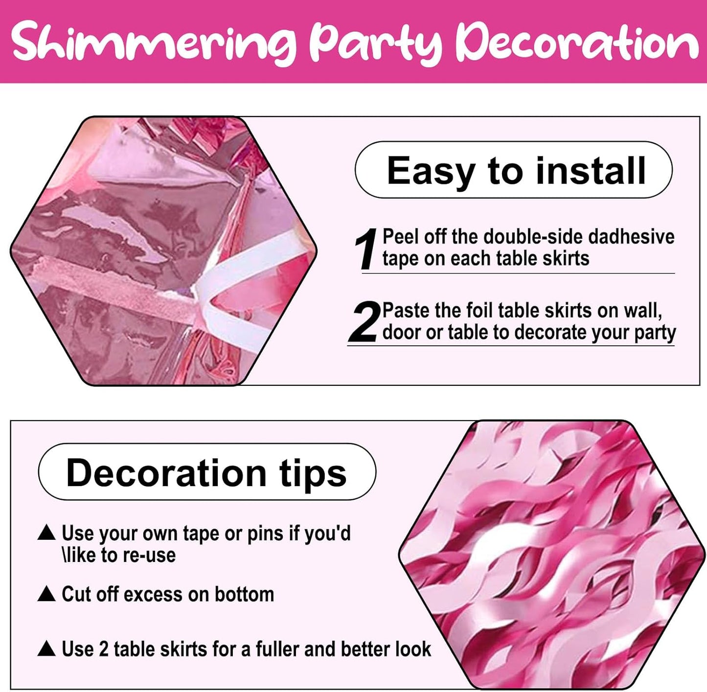 6 Pack 29 x108 Inch Pink Wave Foil Fringe Table Skirts Metallic Banner for Tinsel Streamer Garland Backdrop for Parade Floats, Mother's Day, Easter, Wedding, Birthday Party Decoration