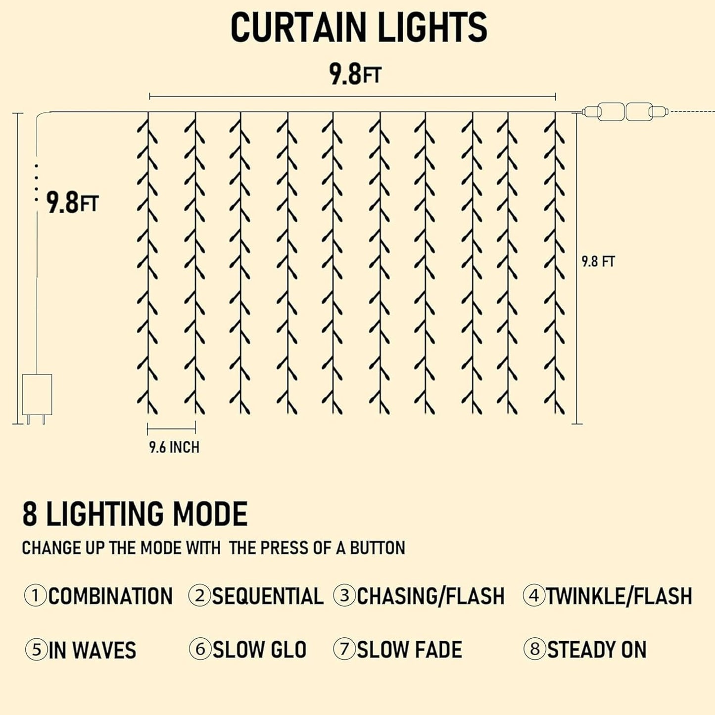 Dazzle Bright 300 LED Curtain String Lights, Christmas Fairy Lights for Bedroom with 8 Lighting Modes, Connectable Waterproof Window Lights Party Wedding Garden Wall Decor, Blue