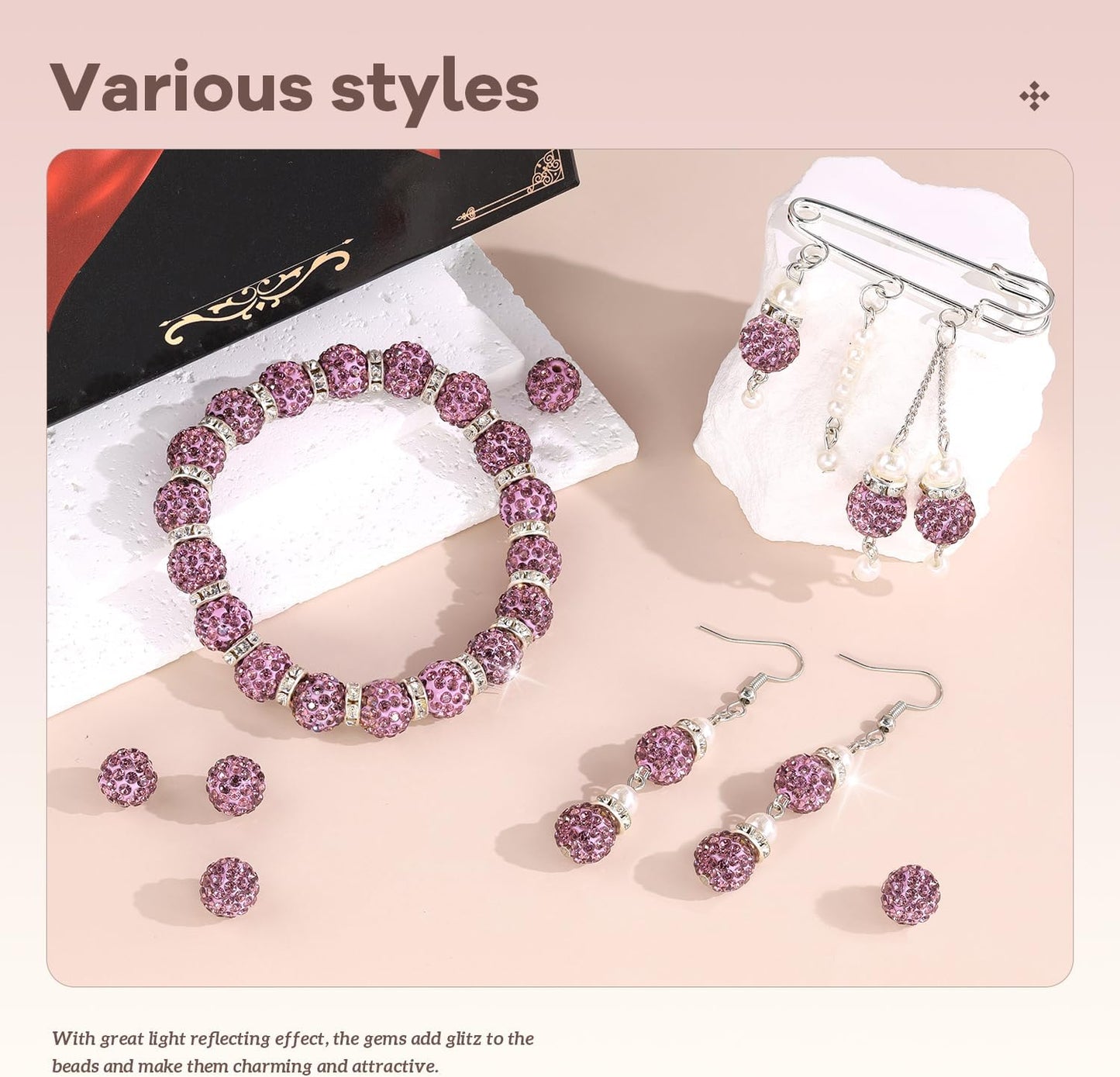 105pcs 10mm Rhinestone Beads for Jewelry Making, Light Purple Shiny Round Disco Beads Bulk, Sparkle Crystal Clay Christmas for Bracelet Baseball Necklace Earring Crafting and DIY