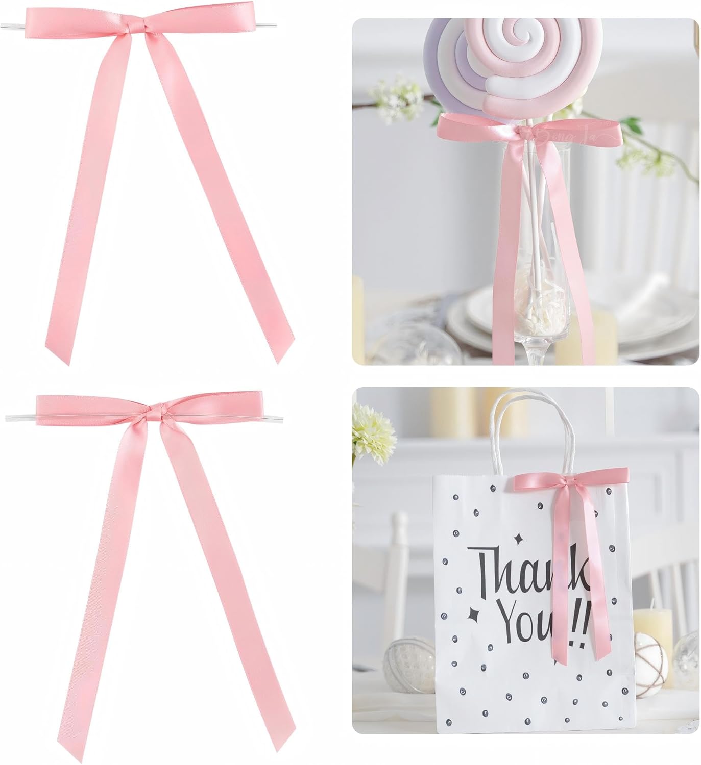 50 PCs Pink Bow 5 Inch Long Tail Bows for Gift Wrapping, Easter Bow Party Decorations, Twist Tie Bows, Satin Bows for Crafts, Premade Bows for Presents, Treat Bags, Bottles, Cakes