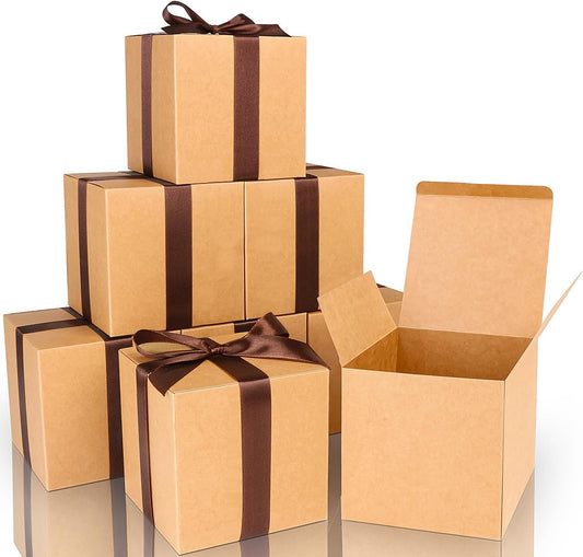 COTOPHER Small Gift Boxes 25 Pack 6x6x6 inches Brown Gift Boxes with Lids for Gifts, Crafting, Wedding Party Favor, Cupcake Boxes, Candy, Bridesmaids Proposal Box with Ribbons and Stickers