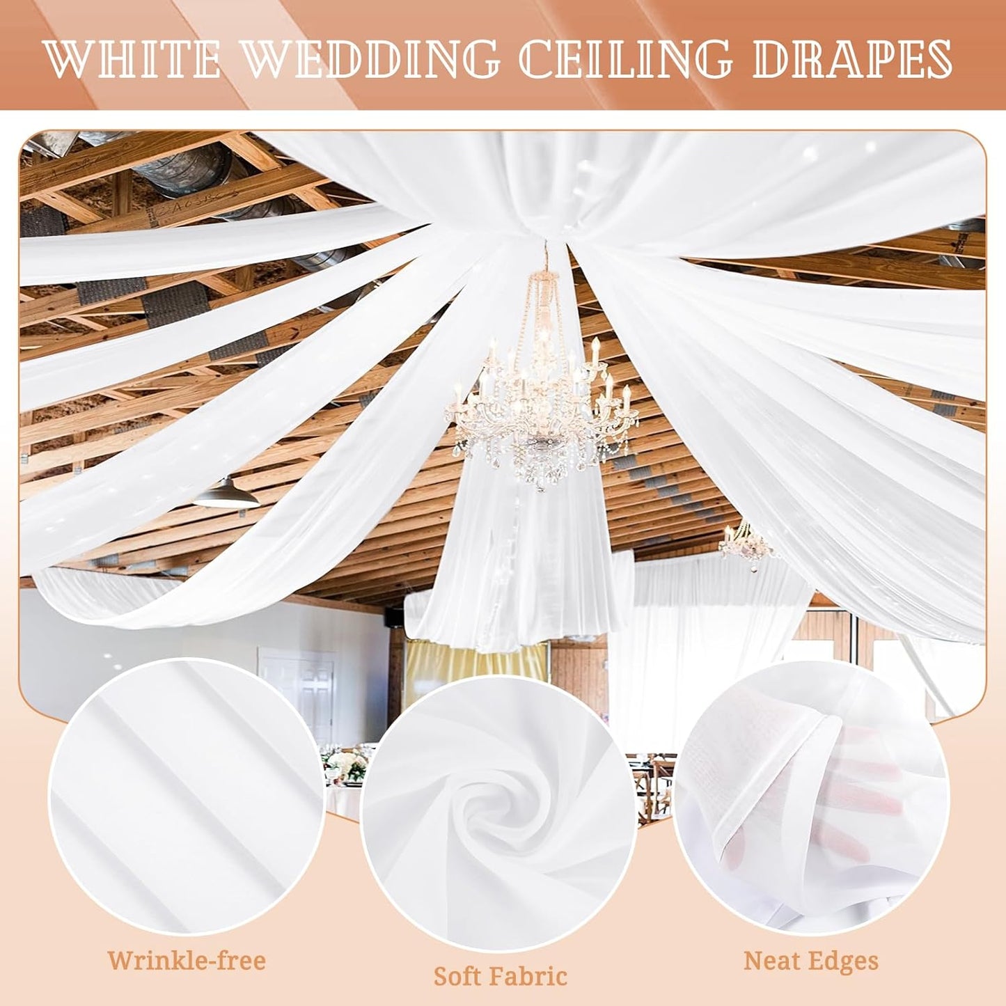 6 Panels White Ceiling Drapes for Wedding 5ftx40ft Sheer Drapery Chiffon Fabric Arch Draping Curtains for Party Ceremony Birthday Baby Shower Reception Stage Ceiling Decorations