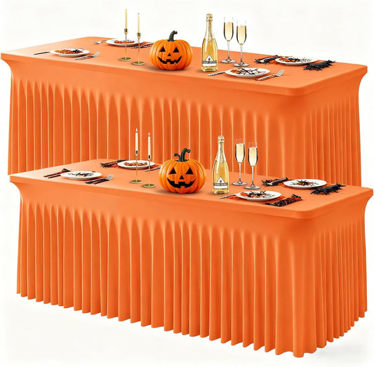 Wish Care 2 Pack Orange Spandex Table Clothes for 6 Foot Rectangle Tables, 6FT Wrinkle Free Fitted Tablecloths Ruffles Design Table Cover for Party, Banquet, Wedding and Events