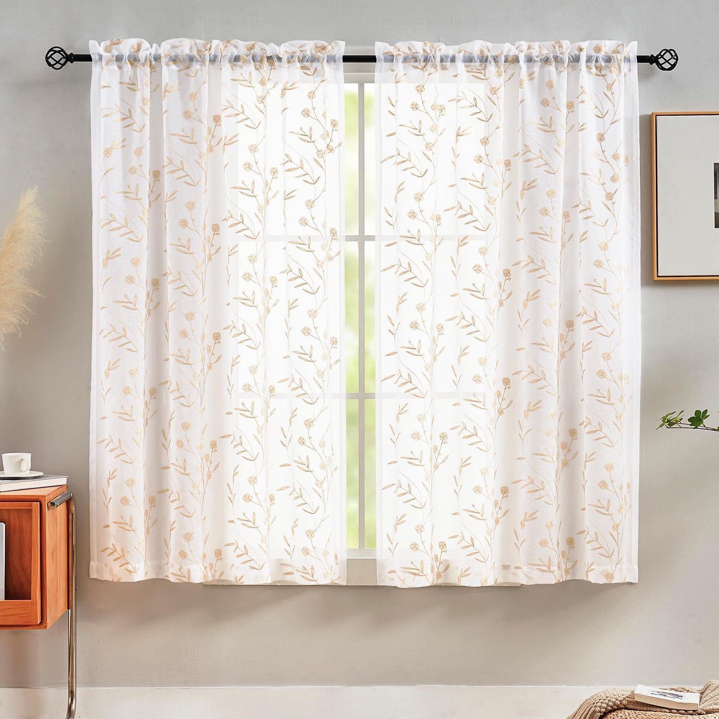 Sheer Curtains Embroidery 63 Inch Length White-Beige Rod Pocket Voile Drapes for Living room, Bedroom, Window Treatments Semi Flower Pattern Curtain Panels for Yard, Farmhouse, Set of 2, 52"x 63".