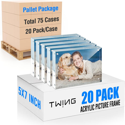 TWING 5x7 Acrylic Frame,75 Cases (20 Pack/Case) Pallet Package for Small Business,12+12MM Thicker Double Sided Acrylic Frame,Freestanding Clear Picture Frame for Desktop Display