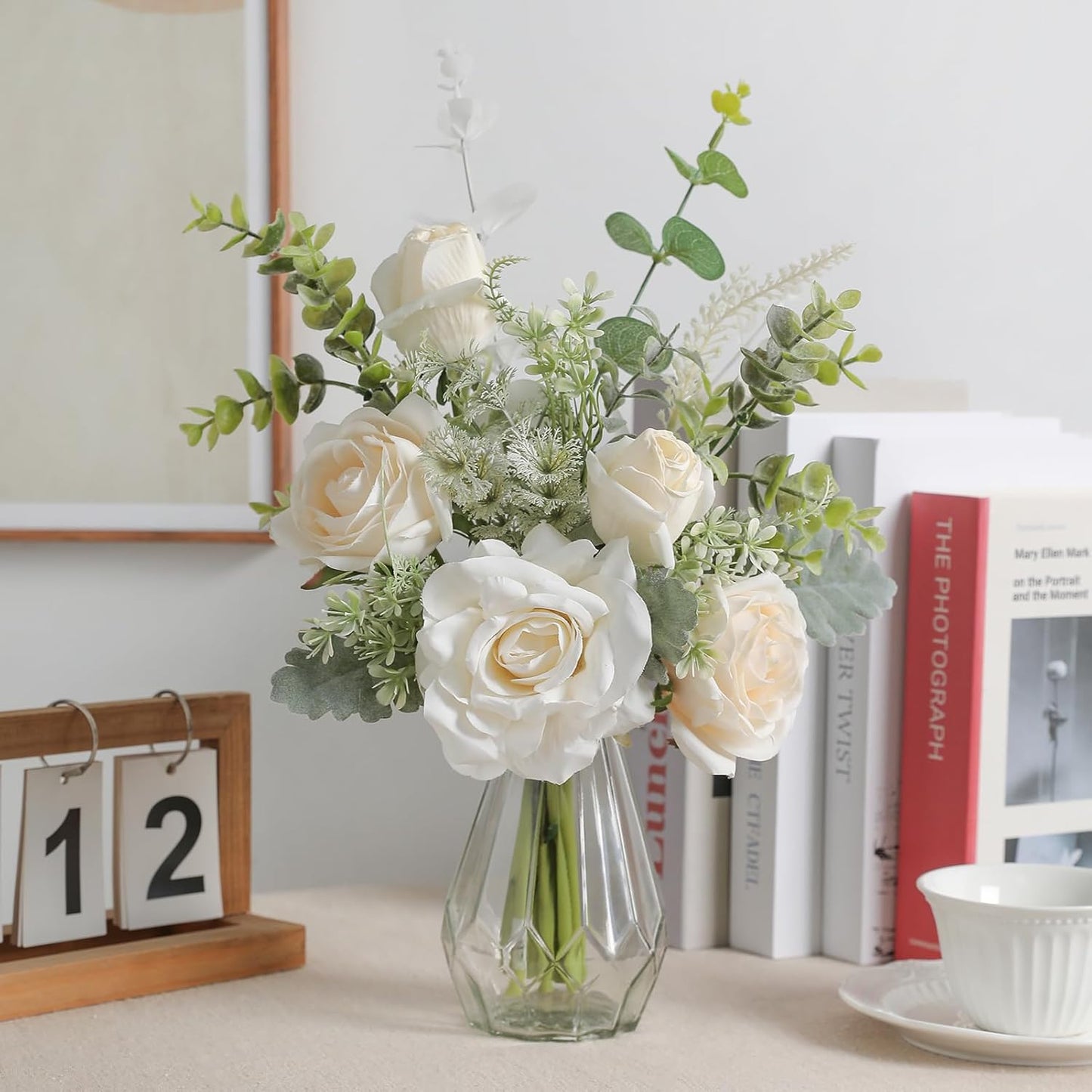 Artificial Flowers with Vase,White Silk Roses and Fake Plant Eucalyptus in Vase,Faux Flower Arrangement with Vase Suitable for Home Office Decoration, Living Room and Dining Table Centerpiece