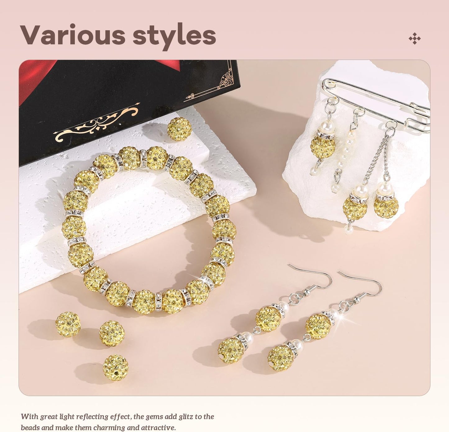 200pcs 10mm Rhinestone Beads for Jewelry Making, Light Yellow Shiny Round Disco Beads Bulk, Sparkle Crystal Clay Christmas for Bracelet Baseball Necklace Earring Crafting and DIY