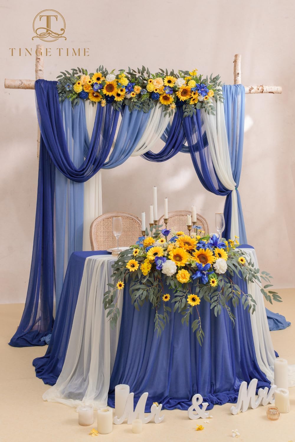 TINGE TIME Artificial Sweetheart Flower Swag with Tablecloth and Table Runner, Pack of 3 Floral Arrangement for Wedding Sweetheart Table Centerpiece Decoration Valentine's Day (Sunflower&RoyalBlue)
