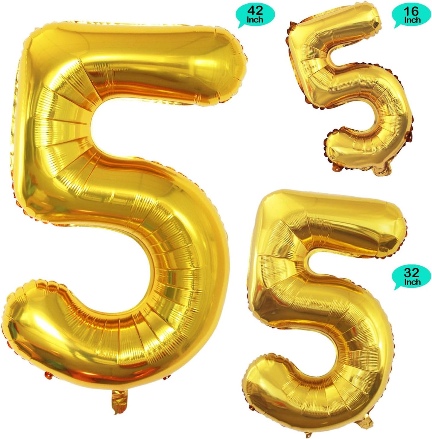 GOER Gold Foil Balloons Number 5,Huge Number Balloons for 5th 55th Birthday Party Supplies Anniversary Decorations (3 pcs,42 inch,32 inch,16inch)