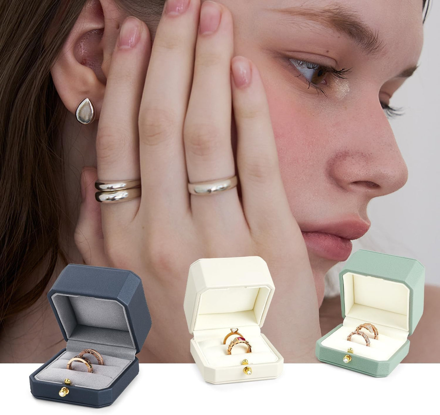 Oirlv Premium Leather Double Ring Box for Wedding Ceremony Engagement Couple Rings Holder Jewelry Gift Box(Pink,Double)