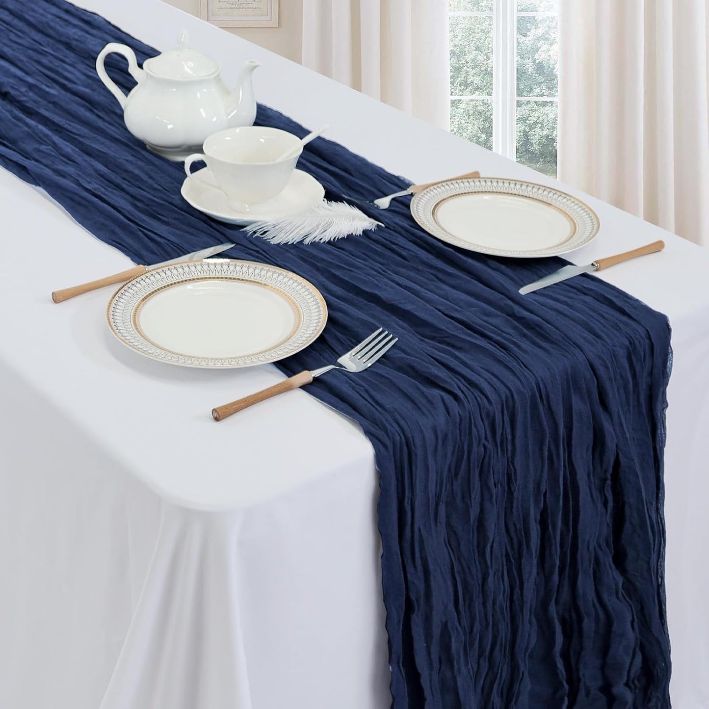 12 Pack Navy Blue Cheesecloth Table Runner 10ft Boho Gauze Fabric Cheese Cloth Table Runner 35 x 120 Inch Rustic Sheer Runner for Romantic Wedding Decor Baby Shower Party Table Centerpiece Decoration