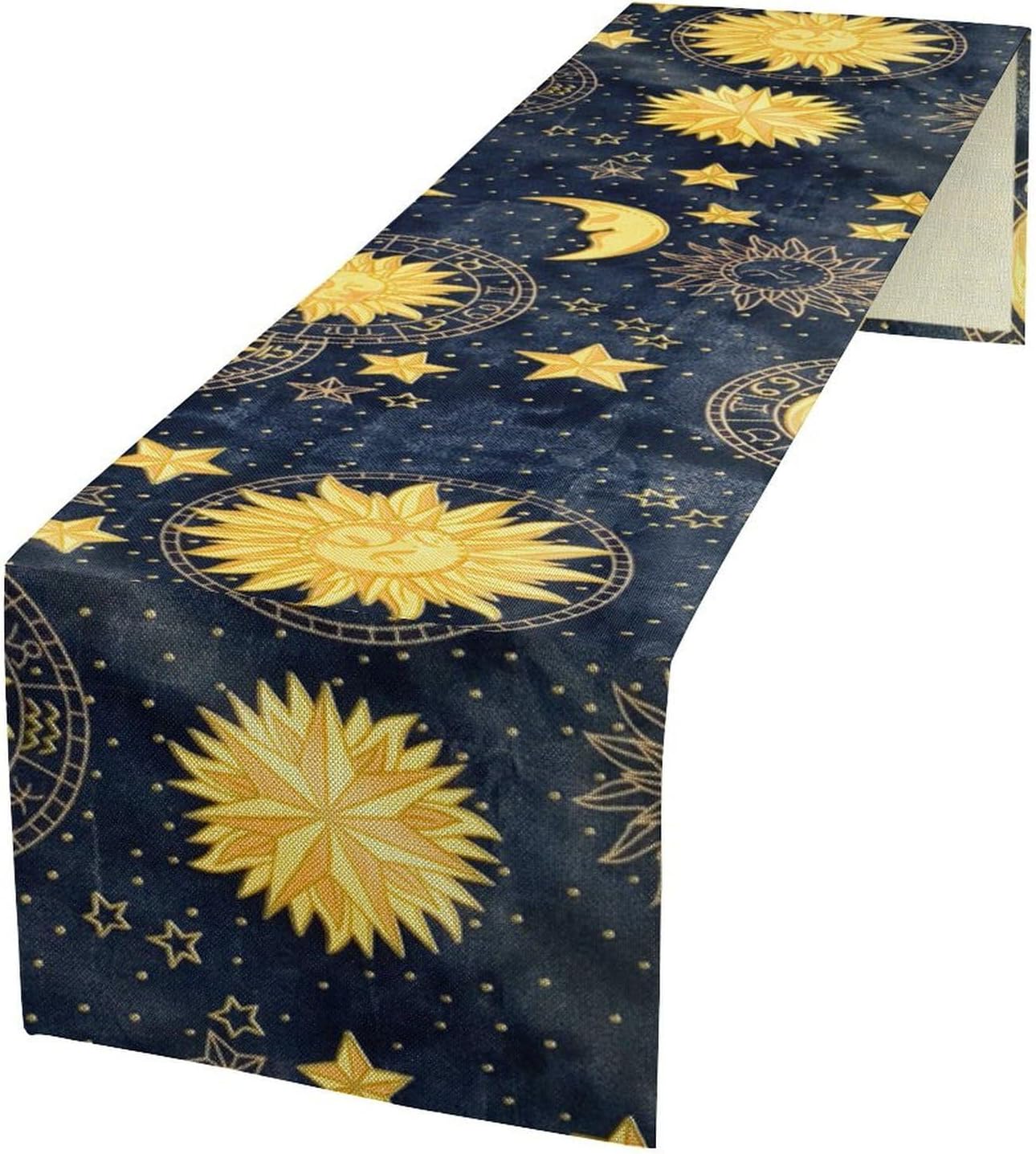 Sun Moon Table Runner, Boho Starry Sky Table Runners for Dinner Holiday Party Wedding Kitchen Golden Stars, 13x120 Inch