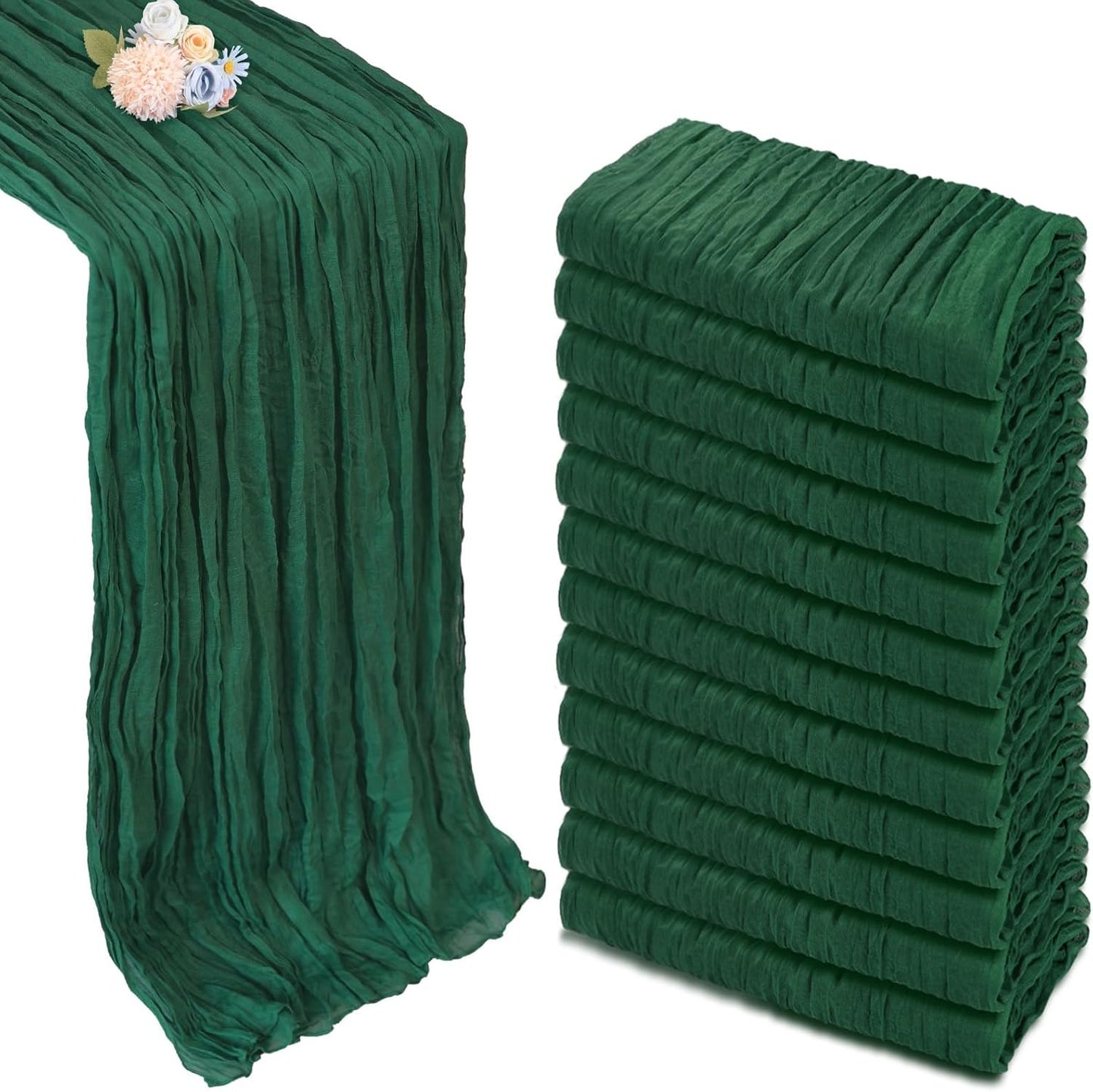 12 Pack Emerald Green Cheesecloth Christmas Table Runner 10ft Boho Gauze Fabric Cheese Cloth Table Runner 35 x 120 Inch Rustic Sheer for Wedding Decor Baby Shower Party Table Centerpiece Decoration