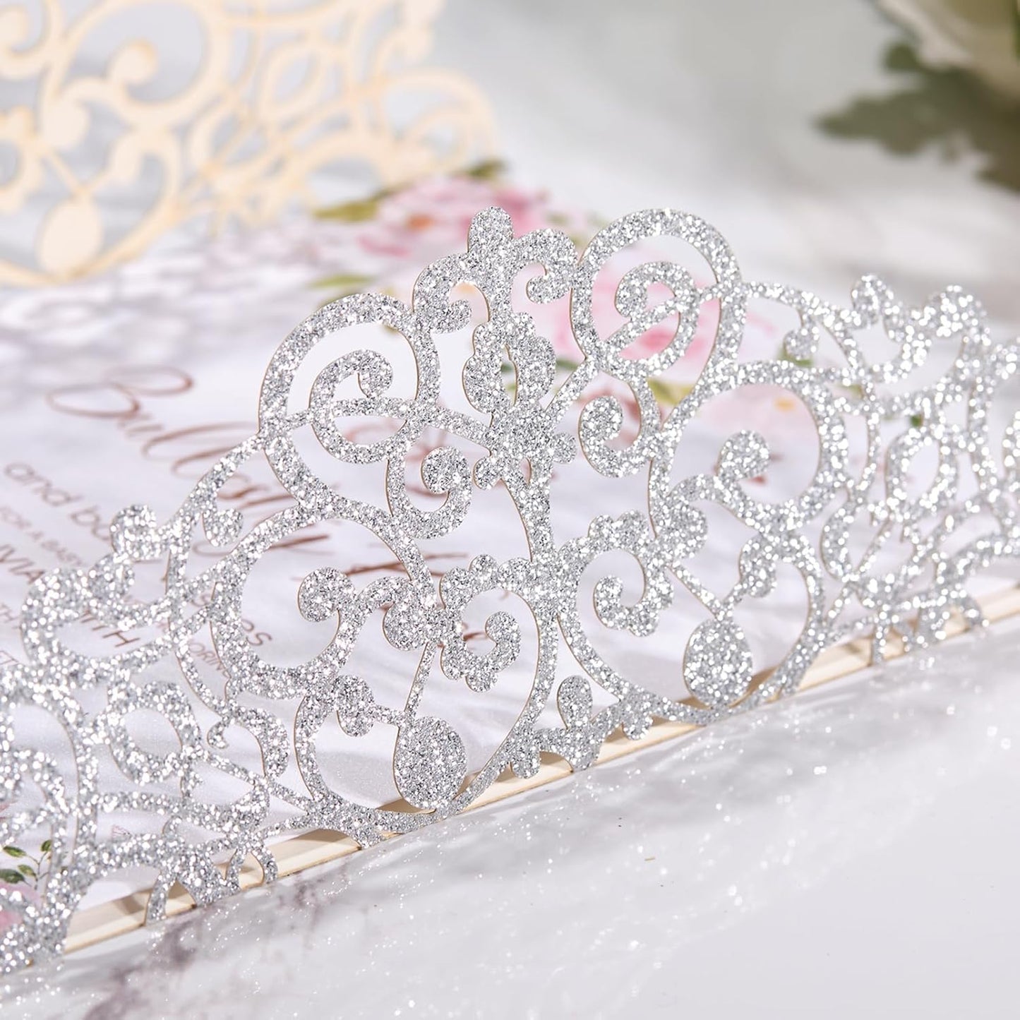 50Pcs Sliver Glitter Wedding Invitations with Envelopes and Rsvp Cards Ribbons Laser Cut Invitation Blank Inner Sheet Pearl Paper Tarjetas de Invitación Para Boda XV Anos Quinceañera Wedding Invite