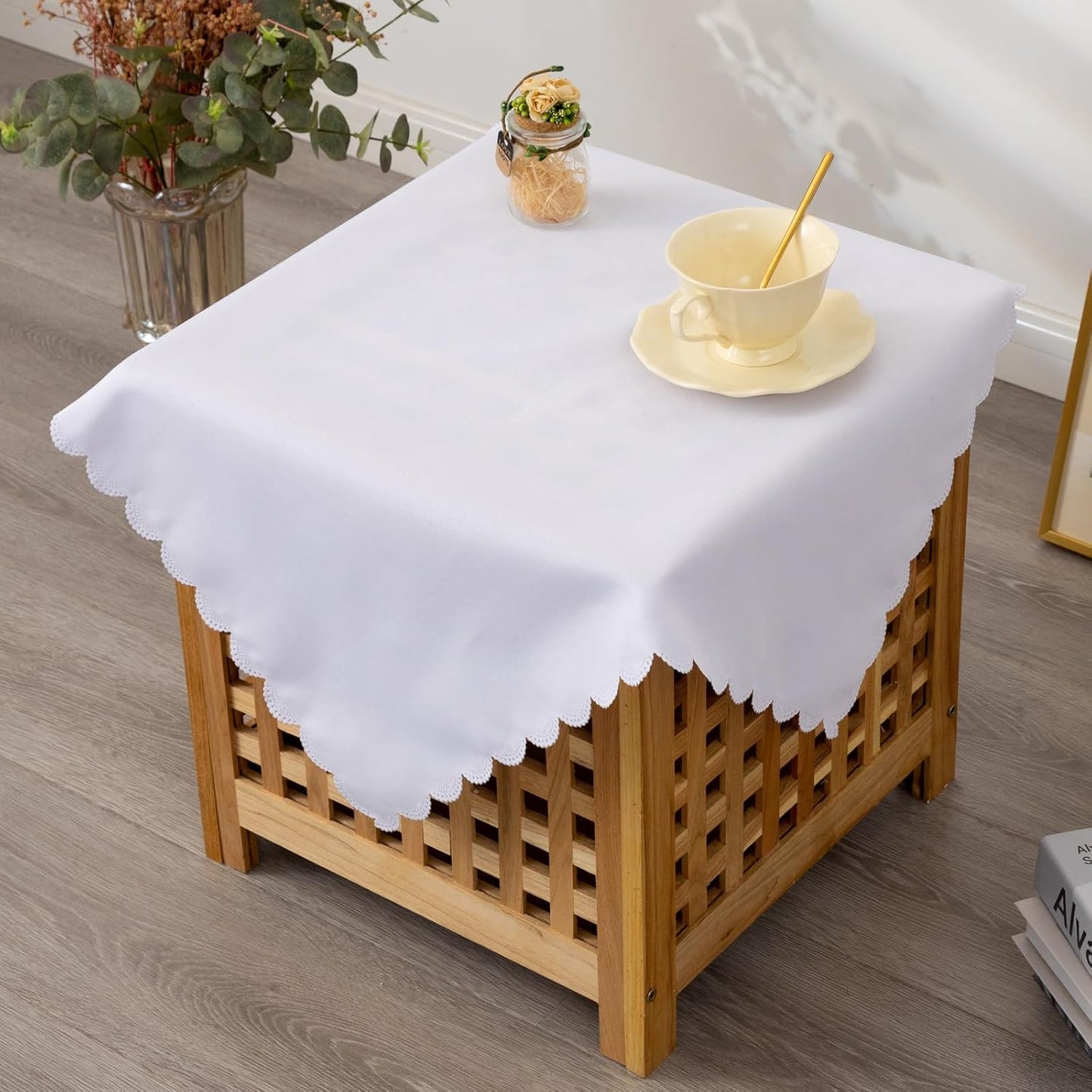 Small Square White Tablecloth 24 x 24 Inch Polyester Fabric Washable Table Cover Decorative Wrinkle Resistant Solid Color Table Cloth for Nightstand Party Wedding Camping